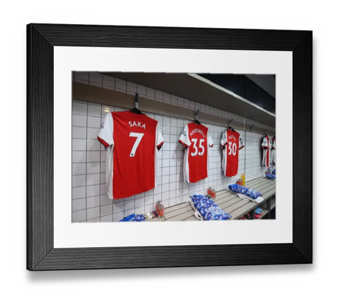 Framed Print : Arsenal Players Shirts in the Changing Room Before Tottenham Clash (2021-22)