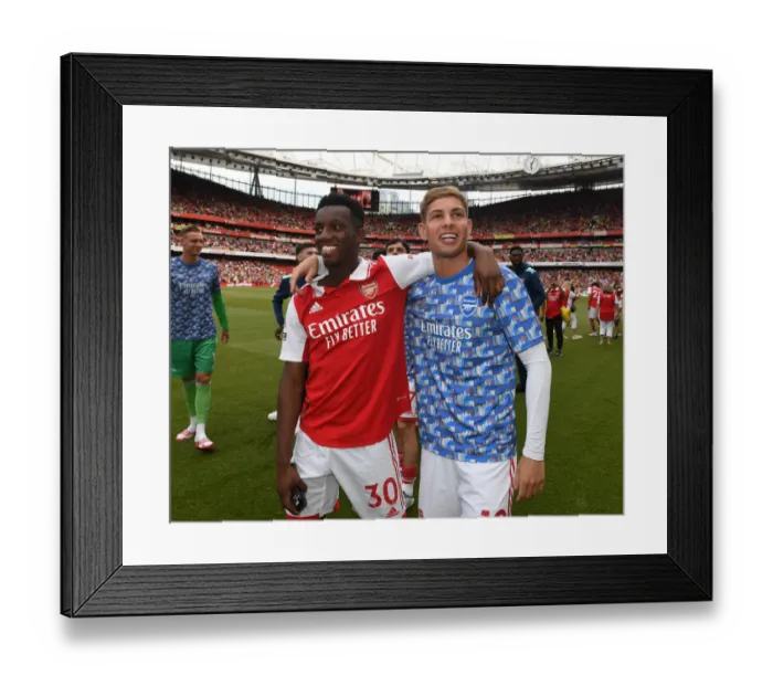 Framed Print : Arsenal's Nketiah and Smith Rowe Celebrate Victory Over Everton in Premier League Showdown (2021-22)