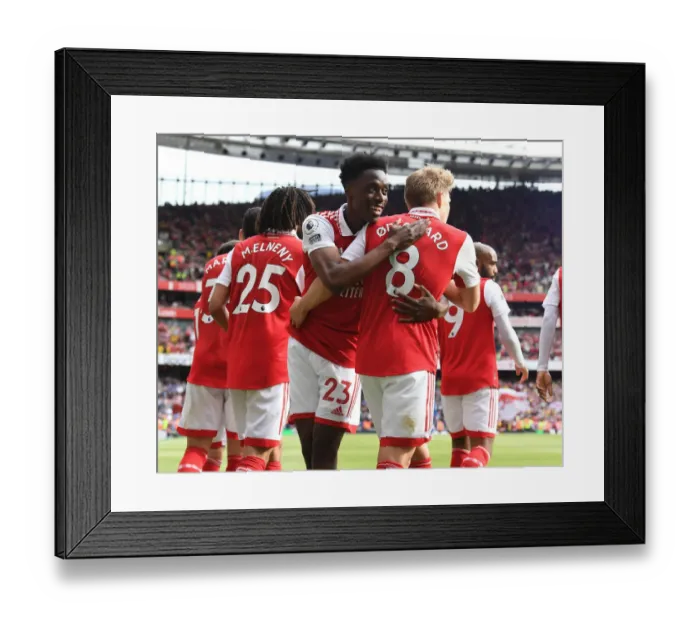Framed Print : Arsenal's Five-Star Performance: Martin Odegaard and Albert Sambi Lokonga Celebrate Goals Against Everton (2021-22)