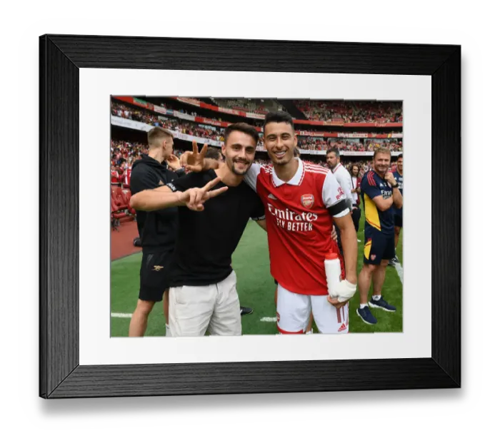 Framed Print : Arsenal's Fabio Vieira and Gabriel Martinelli Celebrate Post-Match at Emirates Cup 2022