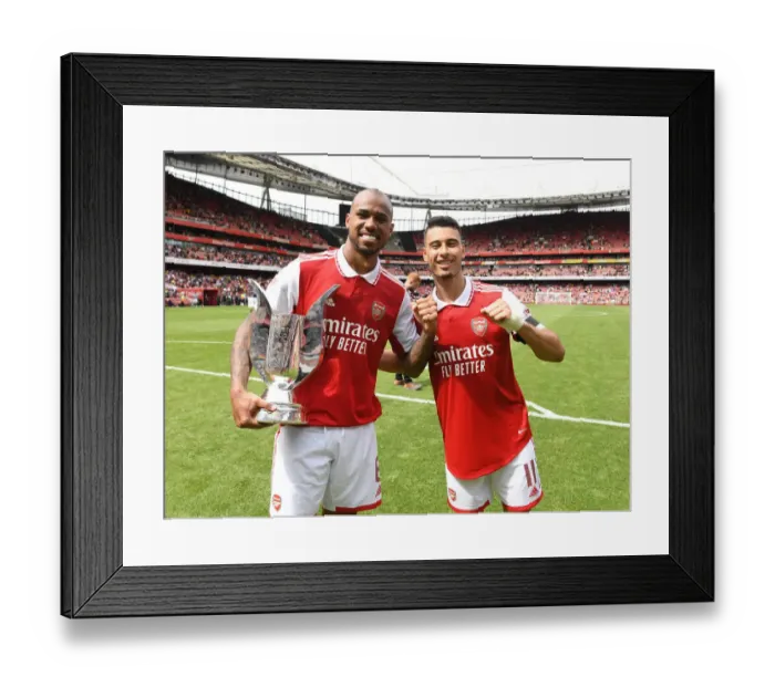 Framed Print : Arsenal's Gabriel Magalhaes and Martinelli Lift Emirates Cup after Arsenal vs Sevilla Friendly Framed Print : Arsenal's Gabriel Magalhaes and Martinelli Lift Emirates Cup after Arsenal vs Sevilla Friendly