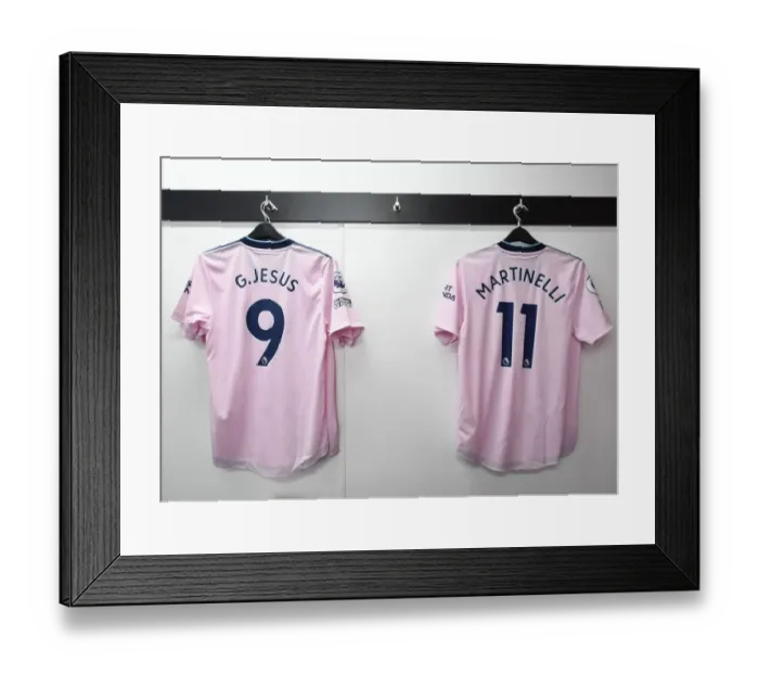Framed Print : Arsenal FC: Pre-Match Preparation - Gabriel Jesus and Martinelli's Shirts in the Changing Room (2022-23)