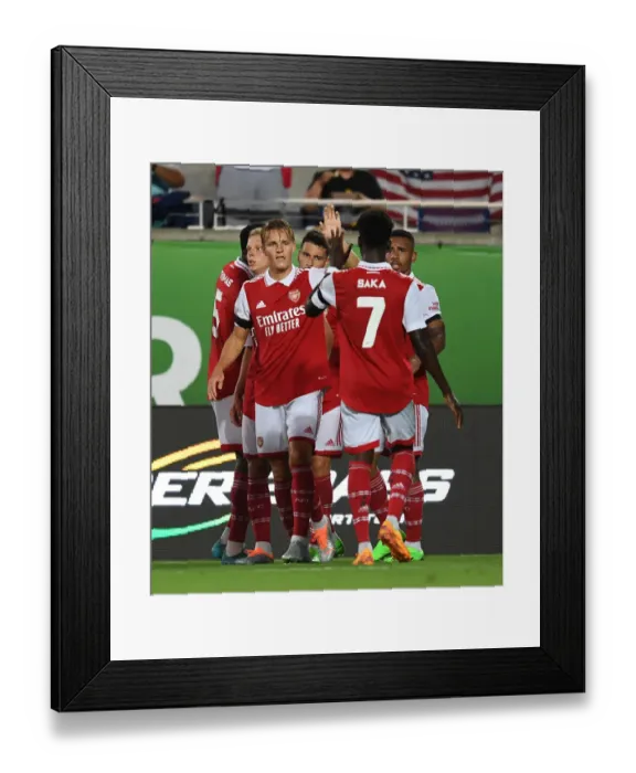 Framed Print : Arsenal Celebrates First Goal Against Chelsea in Florida Cup 2022-23: Martin Odegaard and Bukayo Saka Rejoice after Gabriel Jesus Score Framed Print : Arsenal Celebrates First Goal Against Chelsea in Florida Cup 2022-23: Martin Odegaard and Bukayo Saka Rejoice after Gabriel Jesus Score