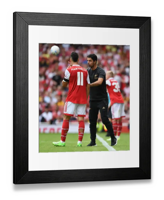 Framed Print : Arsenal's Mikel Arteta Coaches Gabriel Martinelli During Arsenal v Sevilla Emirates Cup Match
