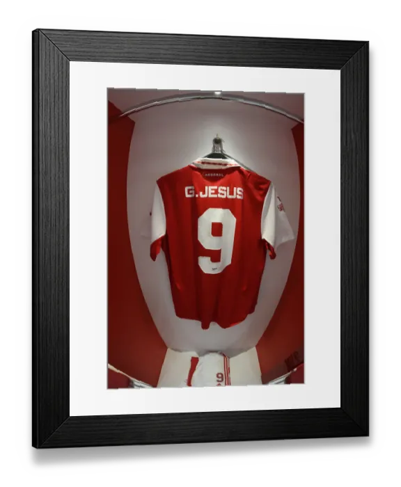 Framed Print : Arsenal Changing Room: Gabriel Jesus Shirt Before Arsenal vs Sevilla (Emirates Cup 2022)