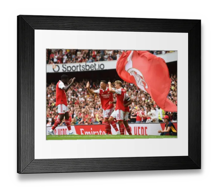 Framed Print : Arsenal's Gabriel Jesus Scores Third Goal vs Sevilla in Emirates Cup 2022: Thomas Partey, Granit Xhaka, Martin Odegaard Celebrate
