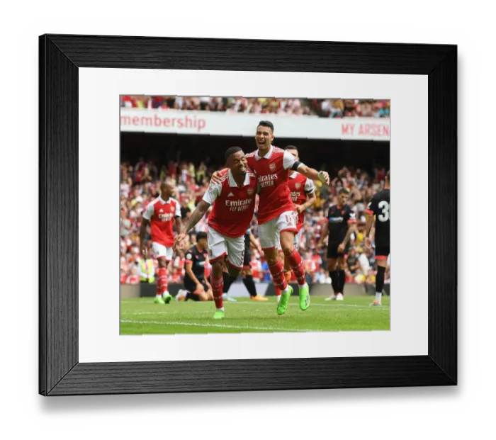 Framed Print : Arsenal's Five-Goal Rampage: Jesus and Martinelli Celebrate against Sevilla (Emirates Cup 2022)
