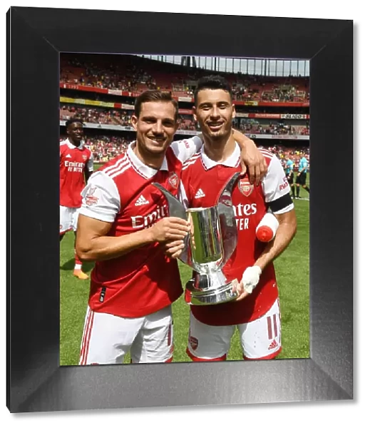 Arsenal's Cedric and Gabriel Martinelli Lift Emirates Cup After Arsenal v Sevilla Friendly
