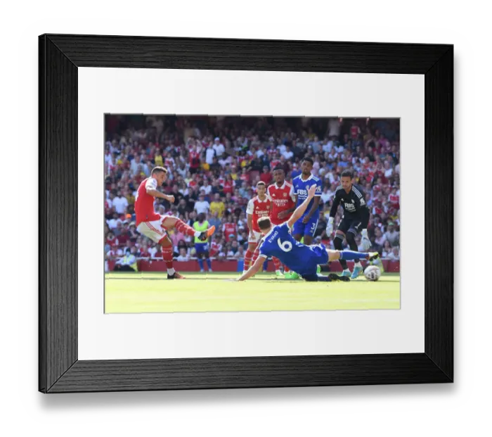 Framed Print : Granit Xhaka Scores Arsenal's Third Goal Against Leicester City (2022-23)
