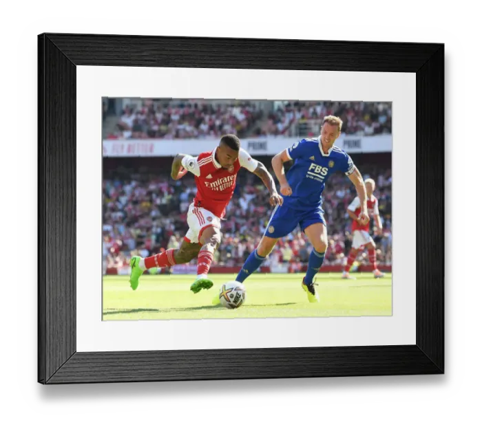 Framed Print : Arsenal vs Leicester: Gabriel Jesus Clashes with Jonny Evans in Premier League Showdown (2022-23)