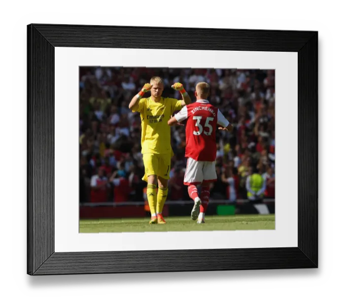 Framed Print : Arsenal's Ramsdale and Zinchenko in Action against Leicester City (2022-23) Framed Print : Arsenal's Ramsdale and Zinchenko in Action against Leicester City (2022-23)