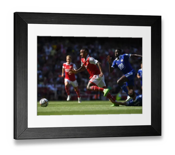 Framed Print : Arsenal vs Leicester: Gabriel Jesus Tackled by Jonny Evans in 2022-23 Premier League Clash Framed Print : Arsenal vs Leicester: Gabriel Jesus Tackled by Jonny Evans in 2022-23 Premier League Clash