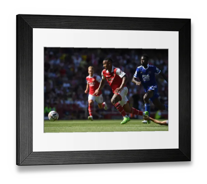 Framed Print : Intense Rivalry: Gabriel Jesus vs Jonny Evans Tackle in Arsenal vs Leicester Premier League Clash
