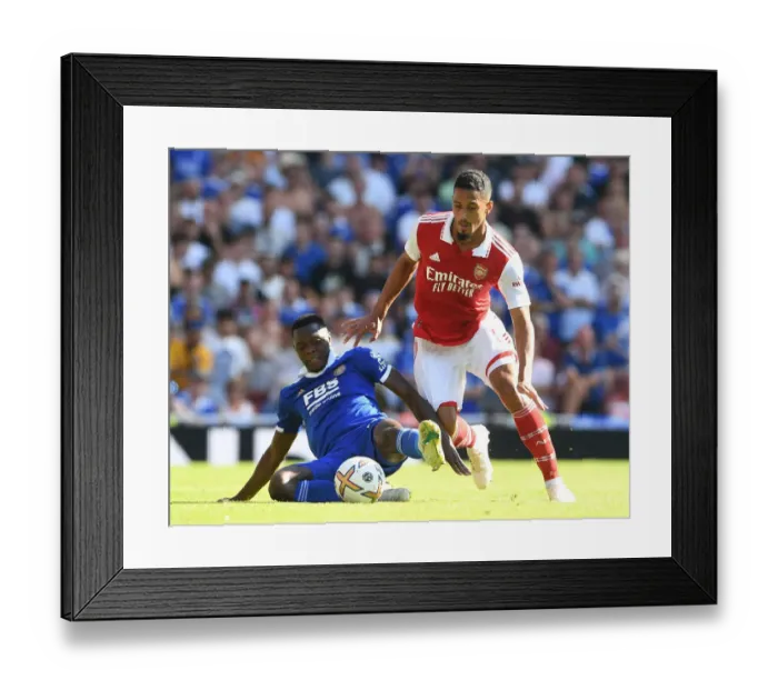 Framed Print : Arsenal vs Leicester City: Saliba vs Daka - Premier League Clash at Emirates Stadium (2022-23)