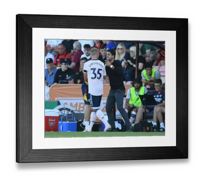 Framed Print : Arsenal Manager Mikel Arteta Conferencing with Oleksandr Zinchenko during AFC Bournemouth vs Arsenal FC, 2022-23 Premier League Match