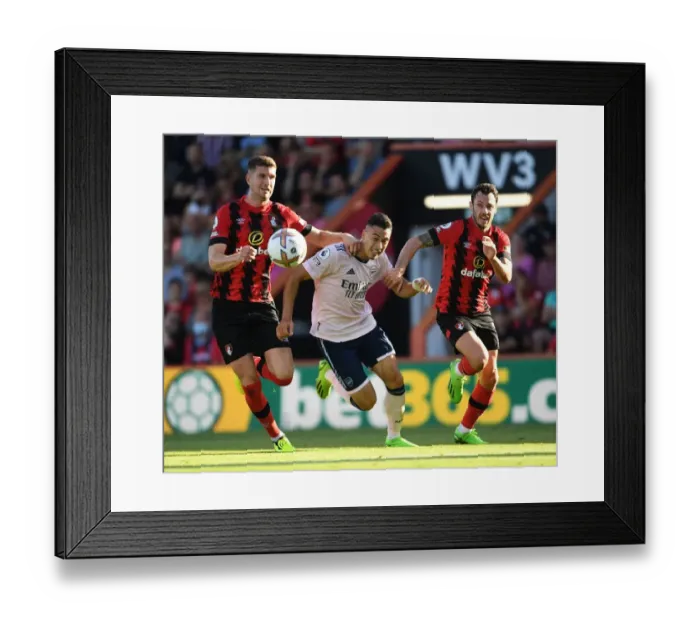 Framed Print : Martinelli Faces Off Against Mepham and Smith: AFC Bournemouth vs. Arsenal, 2022-23 Premier League