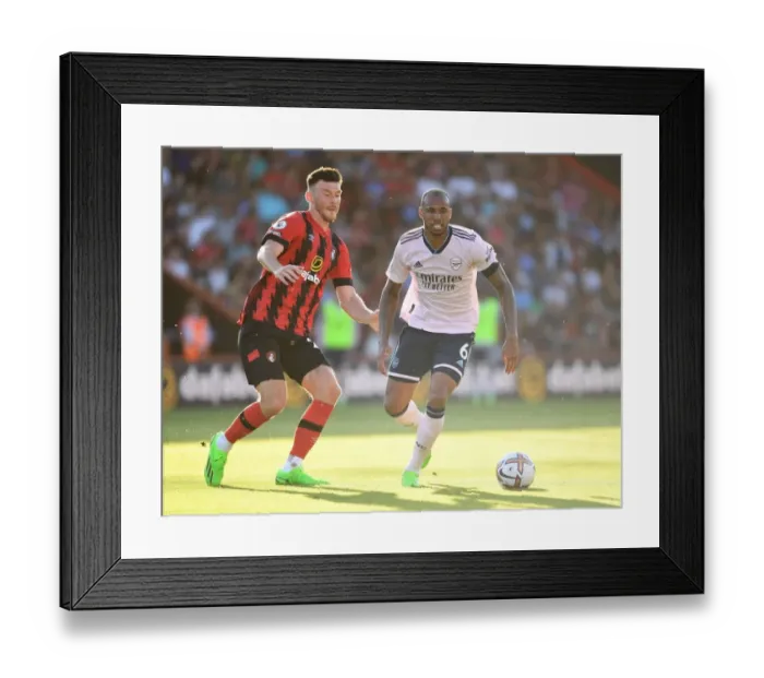 Framed Print : Gabriel Clashes with Kieffer Moore: Intense Moment from AFC Bournemouth vs Arsenal FC, Premier League 2022-23