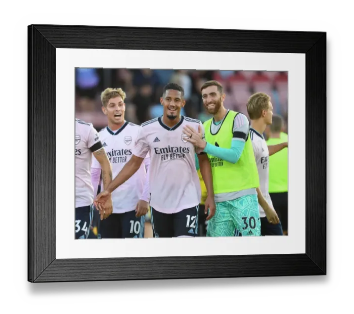 Framed Print : Saliba and Turner Celebrate Arsenal's Win at AFC Bournemouth (2022-23)