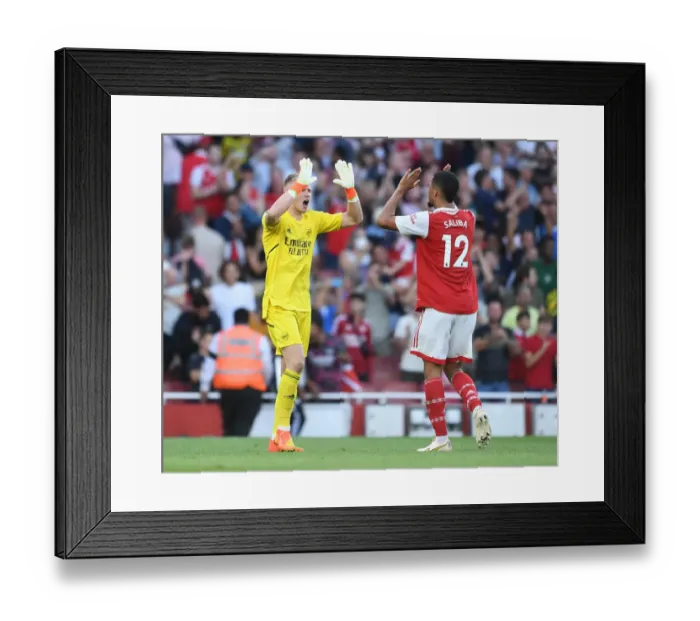 Framed Print : Arsenal's Victory: Ramsdale and Saliba Celebrate Against Fulham in 2022-23 Premier League Framed Print : Arsenal's Victory: Ramsdale and Saliba Celebrate Against Fulham in 2022-23 Premier League