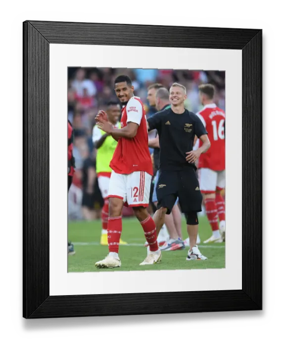 Framed Print : Arsenal Celebrate Win Against Fulham: William Saliba and Oleksandr Zinchenko