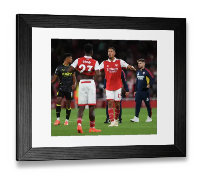 Framed Print : Arsenal's William Saliba Celebrates after Arsenal FC vs Aston Villa, Premier League 2022-23 Framed Print : Arsenal's William Saliba Celebrates after Arsenal FC vs Aston Villa, Premier League 2022-23