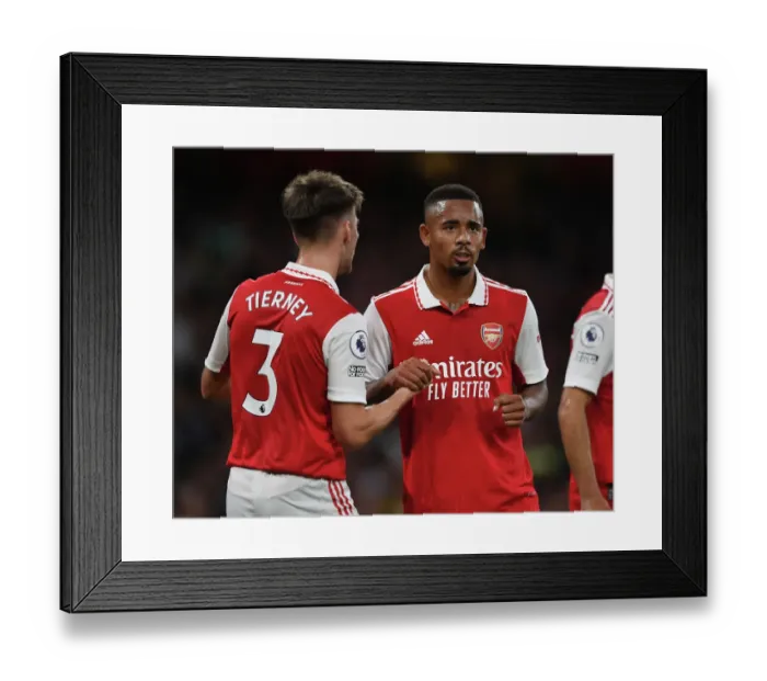 Framed Print : Arsenal's Gabriel Jesus and Kieran Tierney Celebrate First Goal vs. Aston Villa (2022-23)