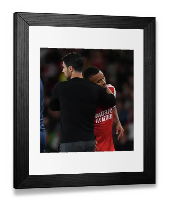 Framed Print : Arsenal Manager Mike Arteta Embraces Substituted Gabriel Jesus: Arsenal FC vs Aston Villa, Premier League 2022-23