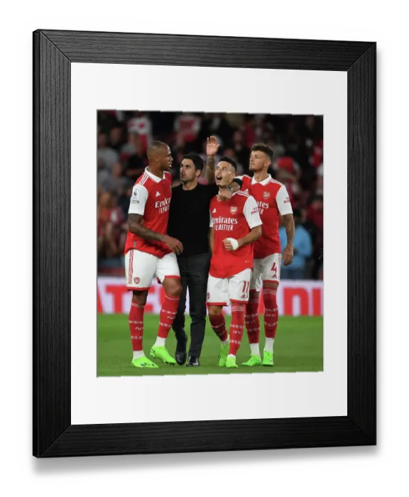 Framed Print : Arsenal Manager Mikel Arteta Celebrates with Gabriel, Martinelli, and White after Arsenal's Victory over Aston Villa (2022-23) Framed Print : Arsenal Manager Mikel Arteta Celebrates with Gabriel, Martinelli, and White after Arsenal's Victory over Aston Villa (2022-23)