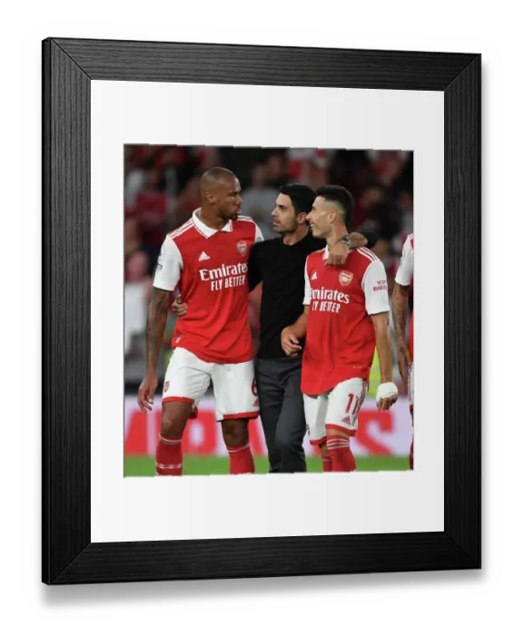 Framed Print : Arsenal's Mikel Arteta Celebrates with Gabriel and Gabriel Martinelli after Arsenal v Aston Villa (2022-23) Framed Print : Arsenal's Mikel Arteta Celebrates with Gabriel and Gabriel Martinelli after Arsenal v Aston Villa (2022-23)