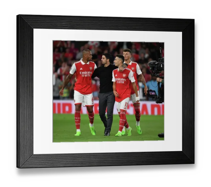 Framed Print : Arsenal's Winning Team: Arteta Celebrates with Gabriel, Martinelli, and White