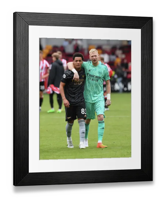 Framed Print : Arsenal's Ethan Nwaneri and Aaron Ramsdale: Post-Match Moment at Brentford Community Stadium (Brentford vs Arsenal, 2022-23)