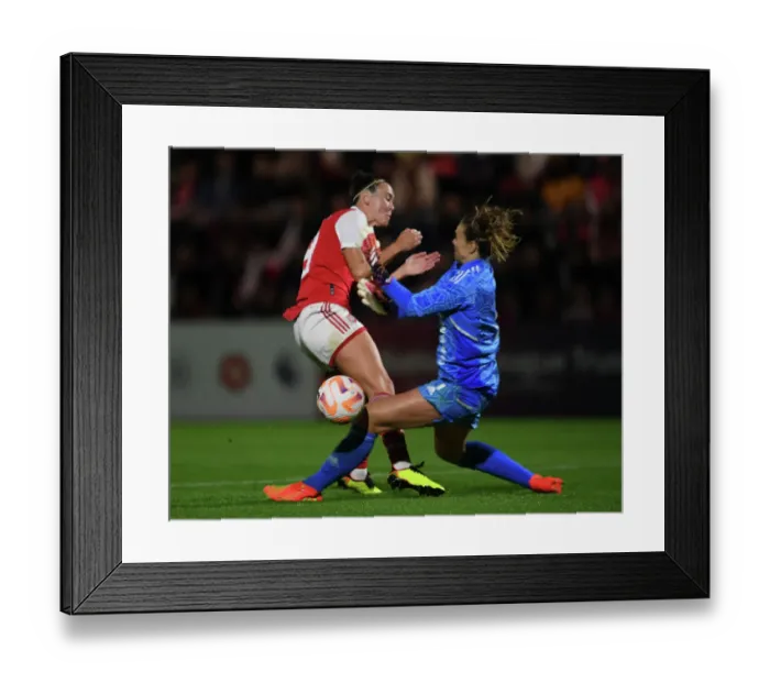 Framed Print : Arsenal vs. Ajax: A Clash in the UEFA Women's Champions League - Caitlin Foord and Lize Kop Collide