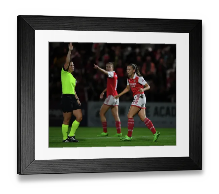 Framed Print : Arsenal vs AFC Ajax: Women's Champions League Second Qualifying Round First Leg - Katie McCabe Discusses with Referee