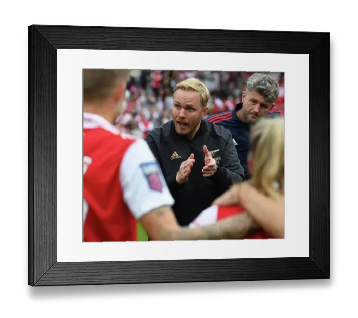 Framed Print : Arsenal Women's Boss Jonas Eidevall Delivers Intense Post-Match Talk Amidst Arsenal vs. Tottenham Rivalry (Barclays WSL, 2022-23)