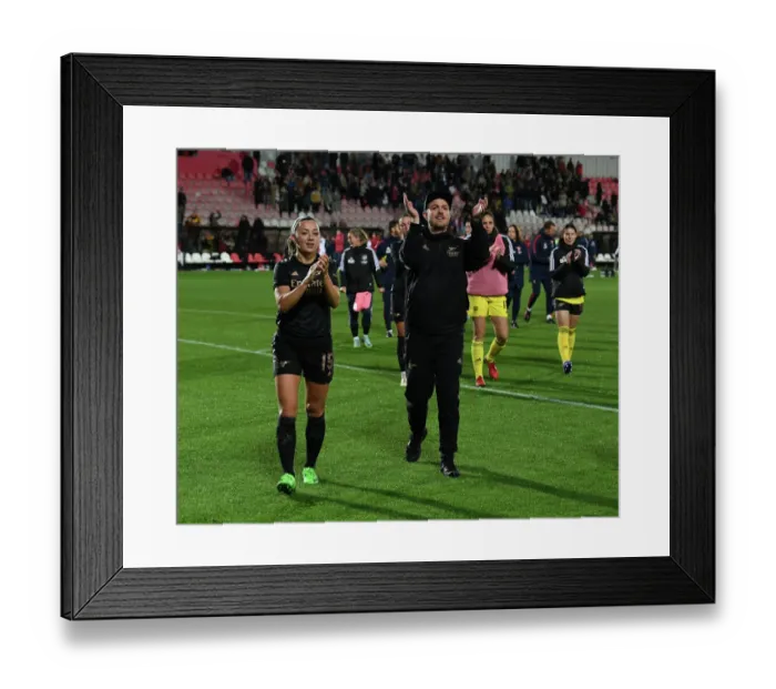 Framed Print : Arsenal Women's Champions League Clash with AFC Ajax in Amsterdam: Jonas Eidevall and Katie McCabe Celebrate Victory