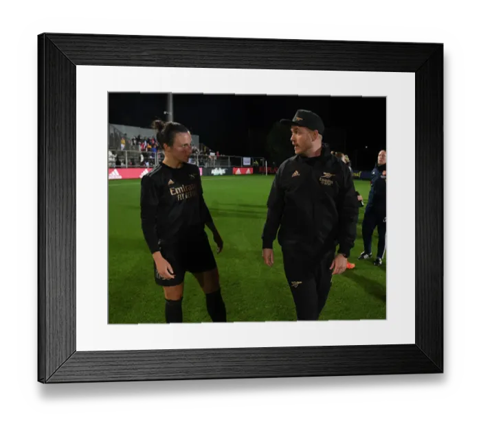 Framed Print : Arsenal Women's Coach Jonas Eidevall Congratulates Lotte Wubben-Moy after AFC Ajax vs Arsenal, UEFA Women's Champions League 2022-23