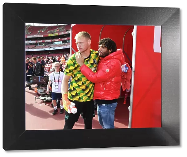 Arsenal: Mohamed Elneny and Aaron Ramsdale Embrace Before Arsenal v Tottenham Hotspur, 2022-23 Premier League