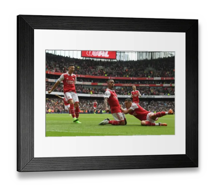 Framed Print : Arsenal's Unstoppable Trio: Jesus, Martinelli, and Xhaka's Goal Celebration in Arsenal's Triumph over Tottenham (2022-23 Premier League)
