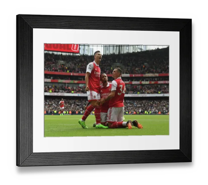 Framed Print : Arsenal's Gabriel Jesus and Martinelli Celebrate with Xhaka after Scoring against Tottenham in 2022-23 Premier League Framed Print : Arsenal's Gabriel Jesus and Martinelli Celebrate with Xhaka after Scoring against Tottenham in 2022-23 Premier League
