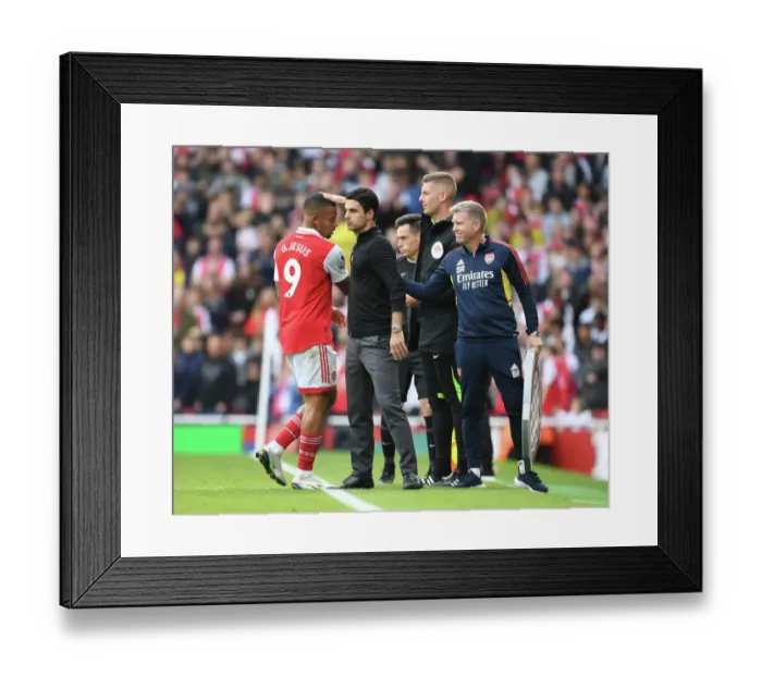 Framed Print : Arsenal Manager Mikel Arteta with Steve Round and Gabriel Jesus: Pre-Match Huddle vs. Tottenham Hotspur (2022-23)