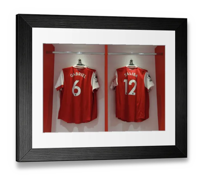Framed Print : Arsenal FC: Gabriel and Saliba's Shirts in the Changing Room Ahead of Arsenal v Tottenham Premier League Clash (2022-23) Framed Print : Arsenal FC: Gabriel and Saliba's Shirts in the Changing Room Ahead of Arsenal v Tottenham Premier League Clash (2022-23)