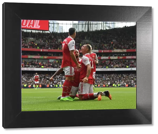 Triumphant Threesome: Jesus, Martinelli, Xhaka's Unforgettable Goal Celebration vs. Tottenham (2022-23 Premier League)