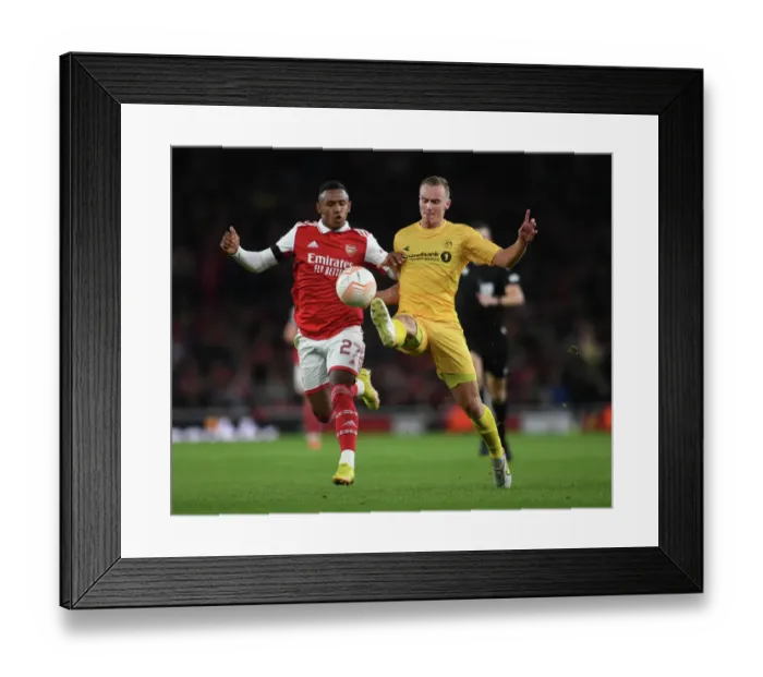 Framed Print : Marquinhos's Tenacious Defence: Arsenal Shuts Down FK Bodo / Glimt in Europa League 2022-23