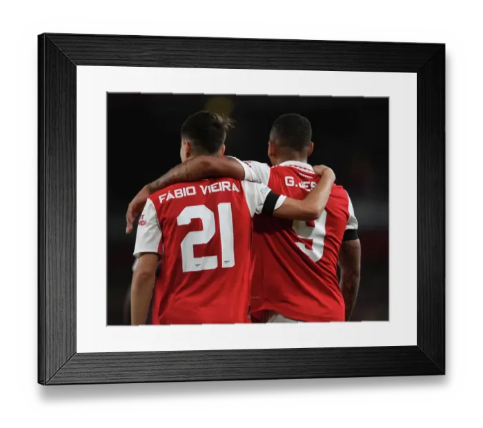 Framed Print : Arsenal's Fabio Vieira and Gabriel Jesus Celebrate Goal Against FK Bodo / Glimt in Europa League Match