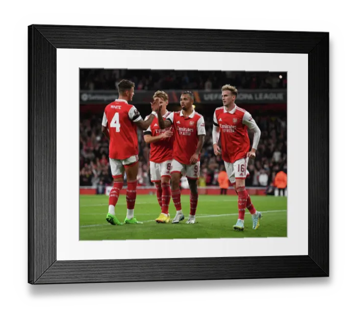 Framed Print : Arsenal's Gabriel Jesus Celebrates Scoring a Key Assist in Europa League Victory over FK Bodo / Glimt