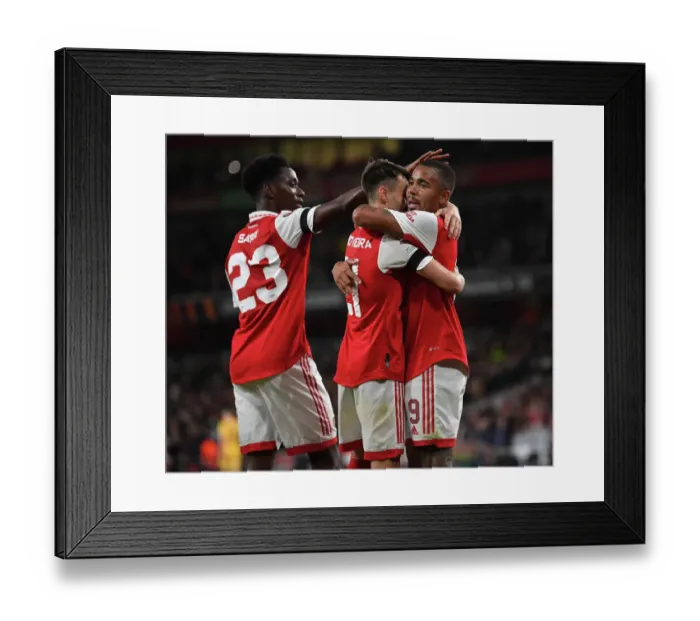 Framed Print : Arsenal's Fabio Vieira, Gabriel Jesus, and Albert Sambi Lokonga Celebrate Goals Against FK Bodo / Glimt in Europa League Match