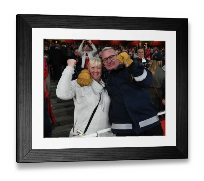 Framed Print : Arsenal's Triumphant Night: Euphoric Fans Celebrate Dramatic Victory Over Liverpool in the Premier League, Emirates Stadium, London, 2022