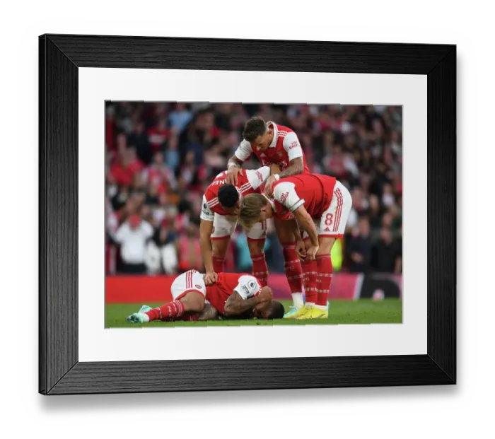Framed Print : Arsenal's Injury Crisis: Martinelli, White, and Odegaard Tend to Injured Jesus vs. Liverpool (2022-23)