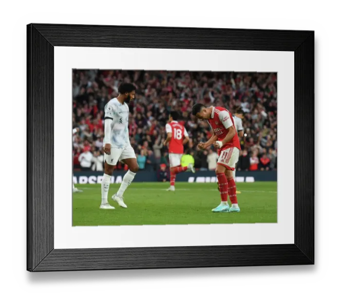 Framed Print : Arsenal's Triumph: Martinelli and Saka's Unforgettable Goal Celebration vs. Liverpool (2022-23)