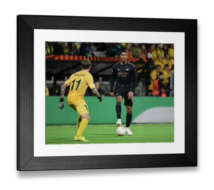 Framed Print : William Saliba in Action: Arsenal vs. Bodø / Glimt, UEFA Europa League 2022-23